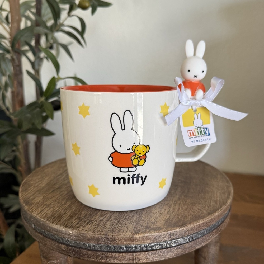NWT MIFFY Bunny 20 Oz Ceramic Mug By Magenta Orange Dress With Stars Teddy Bear